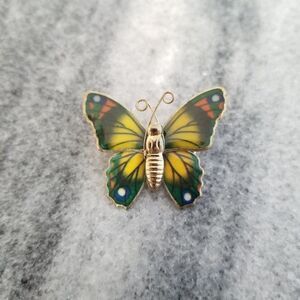 Vintage Little Butterfly Brooch, Yellow Green Wings, Colorful Lapel Pin, Estate